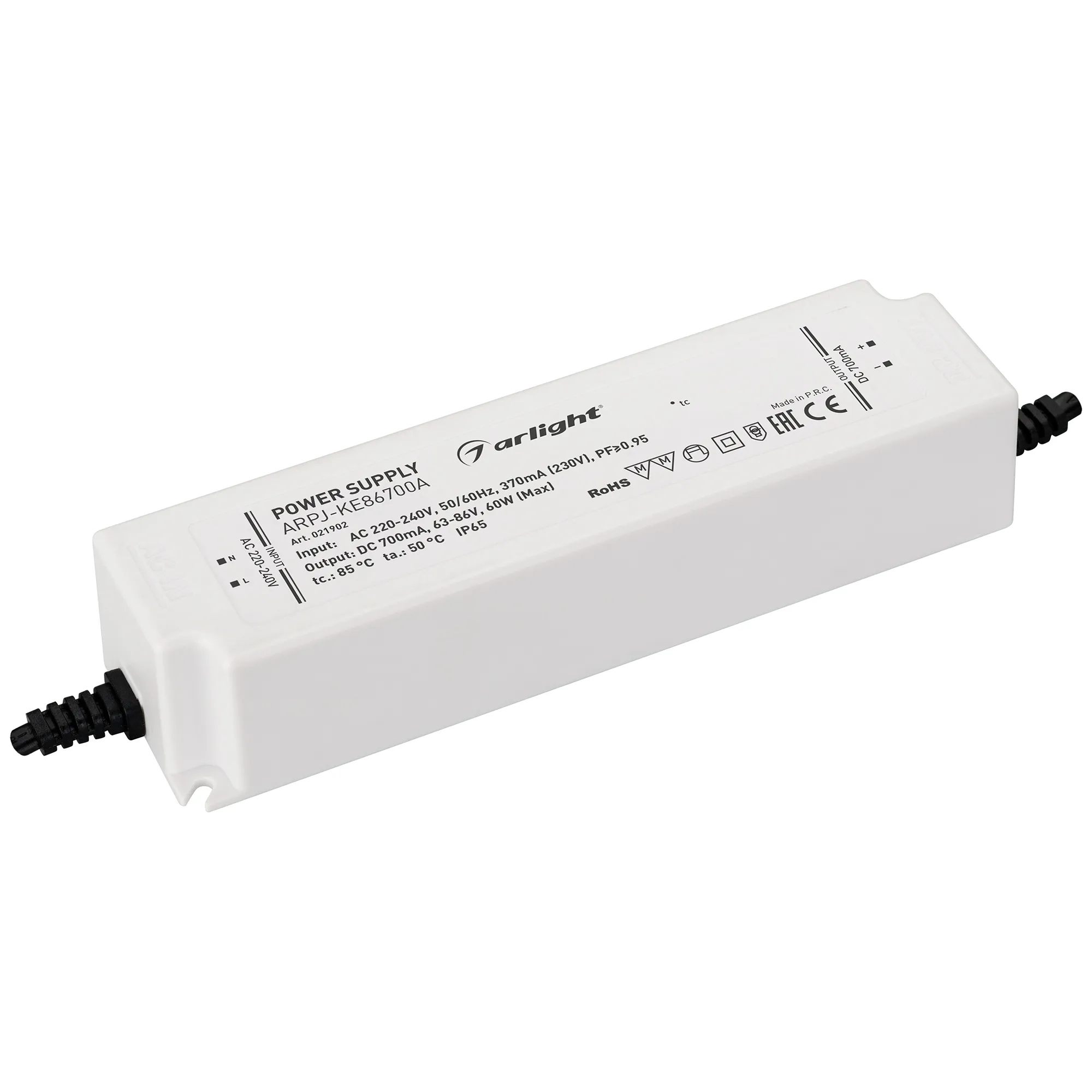 Блок питания ARPJ-KE86700A (60W, 700mA, PFC) (Arlight, IP65 Пластик, 5 лет) - изображение товара